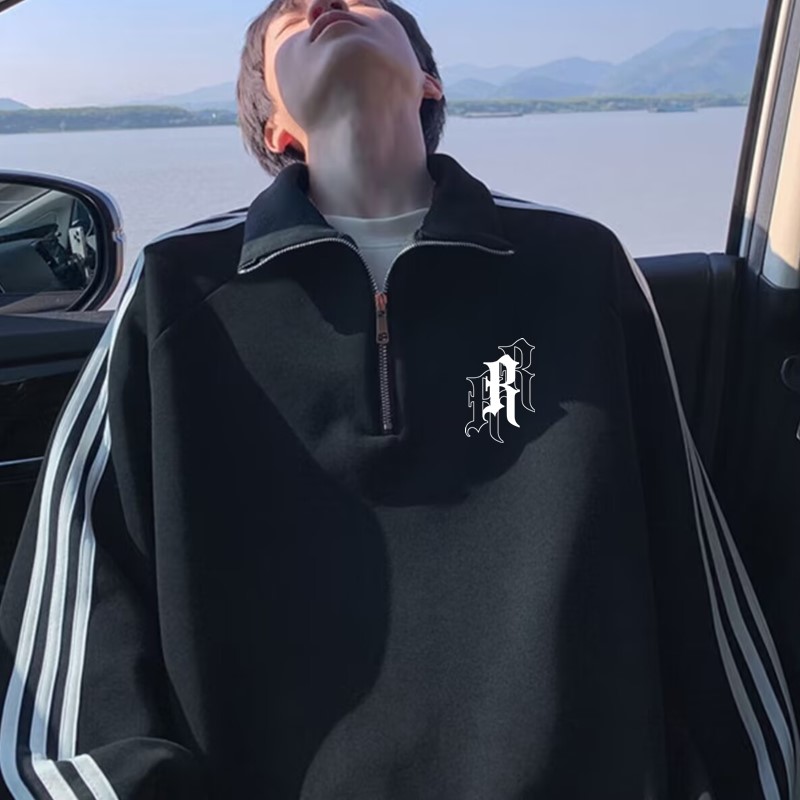 清仓捡漏外贸出口加绒加厚卫衣男秋冬季港风大码宽松三杆长袖外套