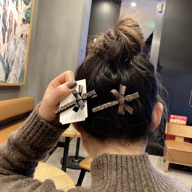 发饰女皮质蝴蝶结发夹水钻重工刘海碎发夹优雅气质后脑勺尾夹新款