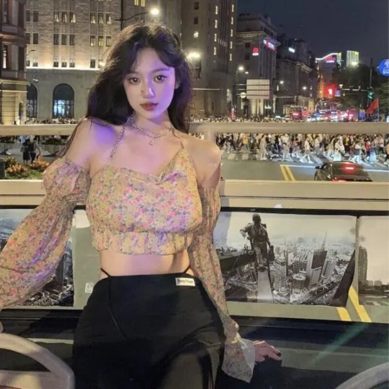 碎花挂脖露肩辣妹外穿吊带背心女