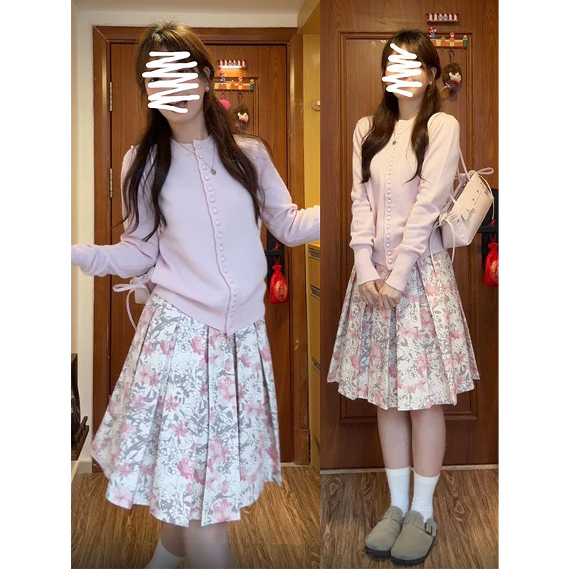 韩系温柔粉色碎花A字连衣裙