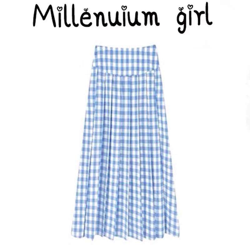 多巴胺蓝色格子半身裙女2025夏季温柔气质高腰显瘦A字裙中长款裙