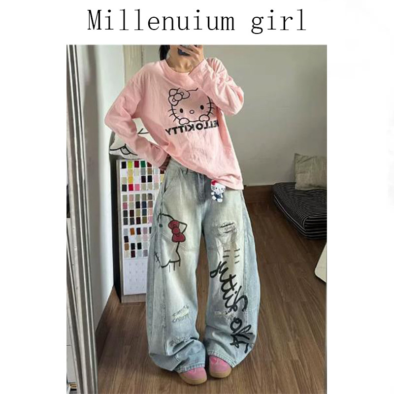 美式涂鸦风破洞牛仔裤裤子女款