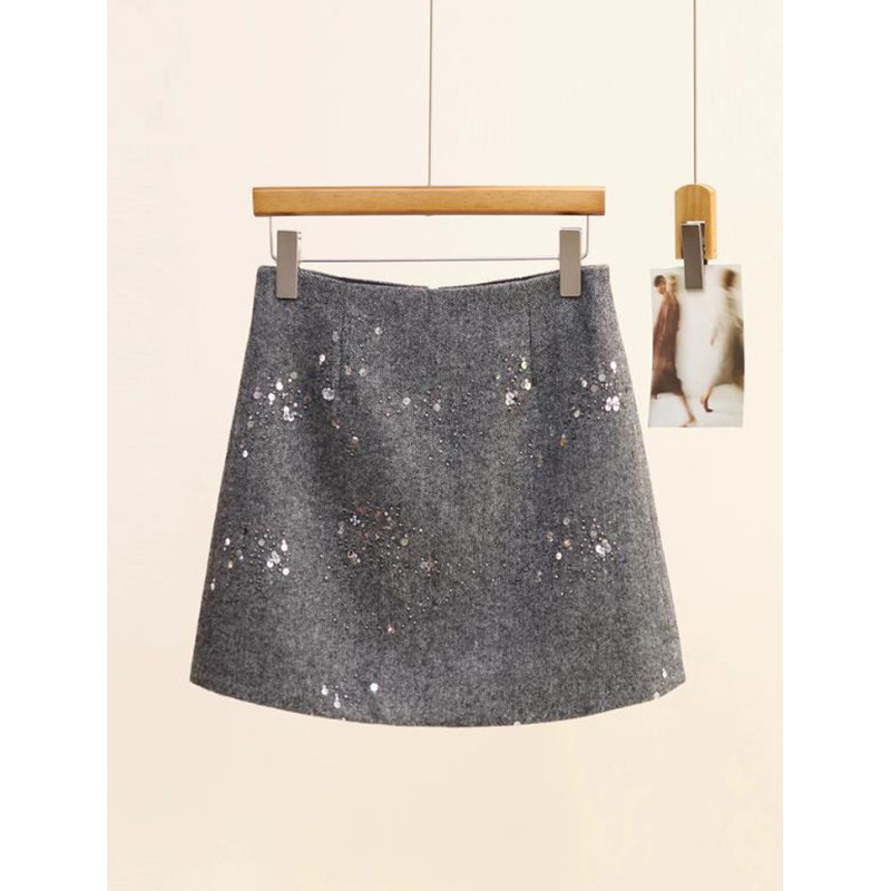 灰色亮片半身裙女2025秋冬季新款 高腰显瘦a字短款小香风短裙子