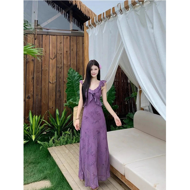 紫色印花吊带连衣裙荷叶边收腰女