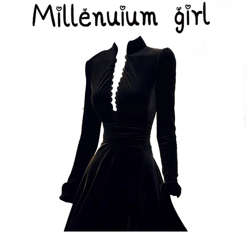 2025新款高端轻奢独特超好看宴会礼服高级感黑色丝绒连衣裙女秋冬