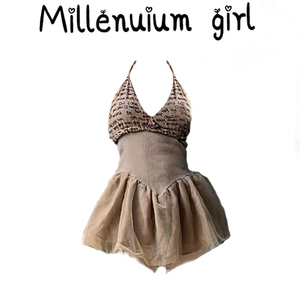 撞色拼接露背吊带连衣裙高腰显瘦A字裙女纯欲风披肩外套两件套