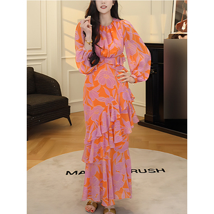 法式浪漫橙色碎花雪纺长袖连衣裙长裙收腰显瘦2025秋季女新款