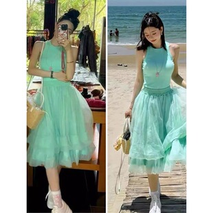 绿色小清新仙女网纱裙女夏季 气质显瘦度假风小众a字蓬蓬裙潮 新款