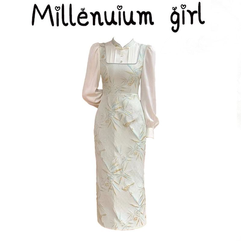 新中式国风长袖旗袍连衣裙2026新款女早秋气质修身拼接设计感裙子