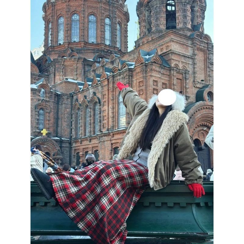 韩系秋冬季新款红色复古格子开叉中长款半身裙女高腰显瘦a字长裙