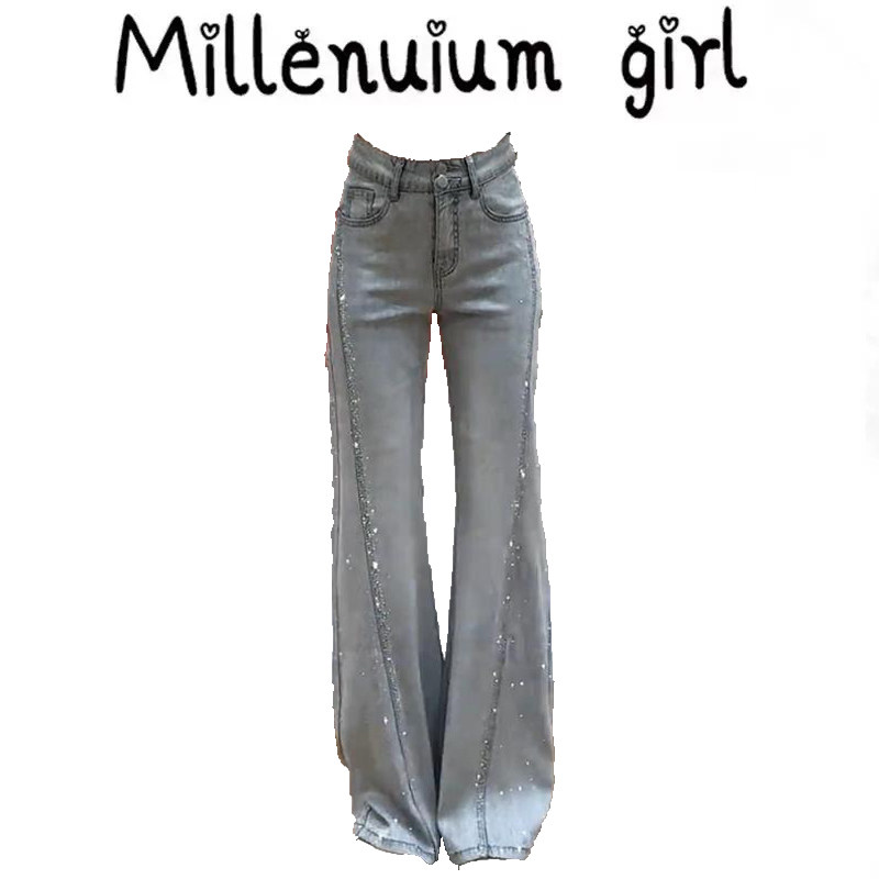 韩系窄版烫钻微喇牛仔裤女2026年夏装高个子加长高腰不贴腿喇叭裤