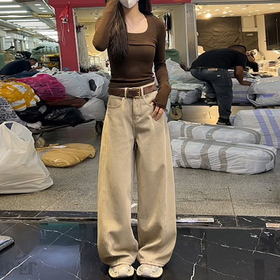 卡其色加绒宽松阔腿裤休闲长裤子