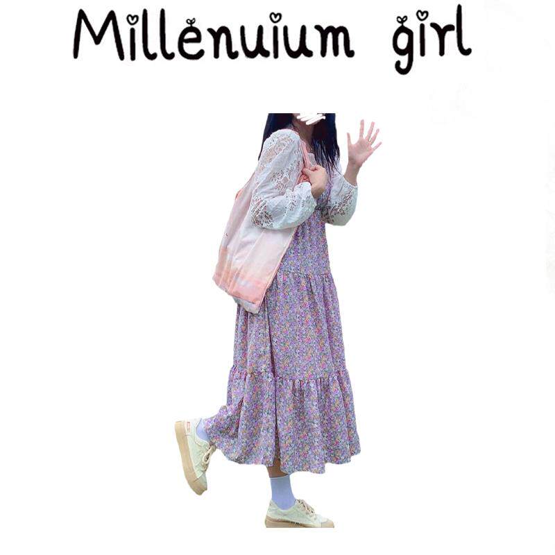 法式复古收腰碎花连衣裙女