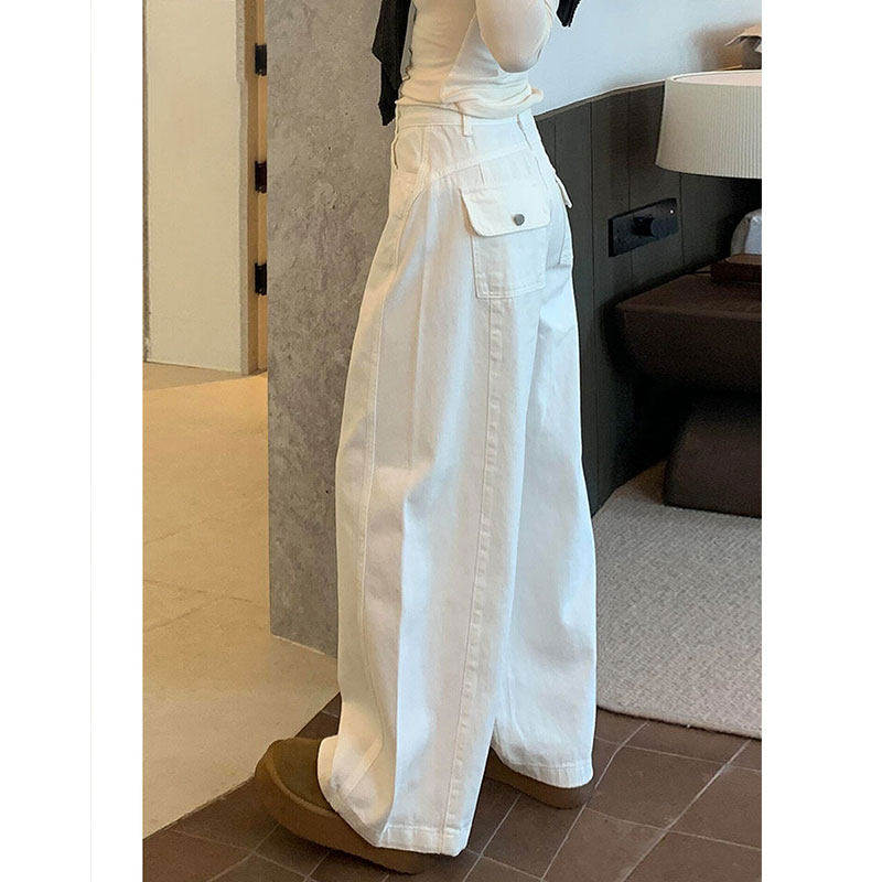 美式白色弯刀牛仔裤女2026年夏季小众设计感高腰显瘦宽松阔腿长裤