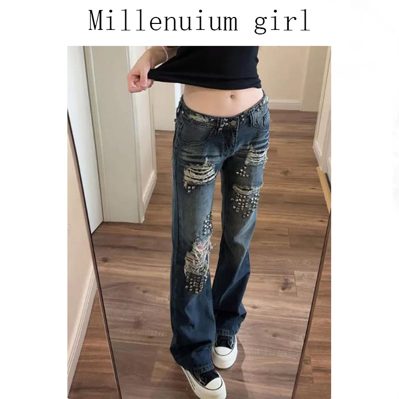 夏季美式辣妹铆钉低腰修身牛仔裤
