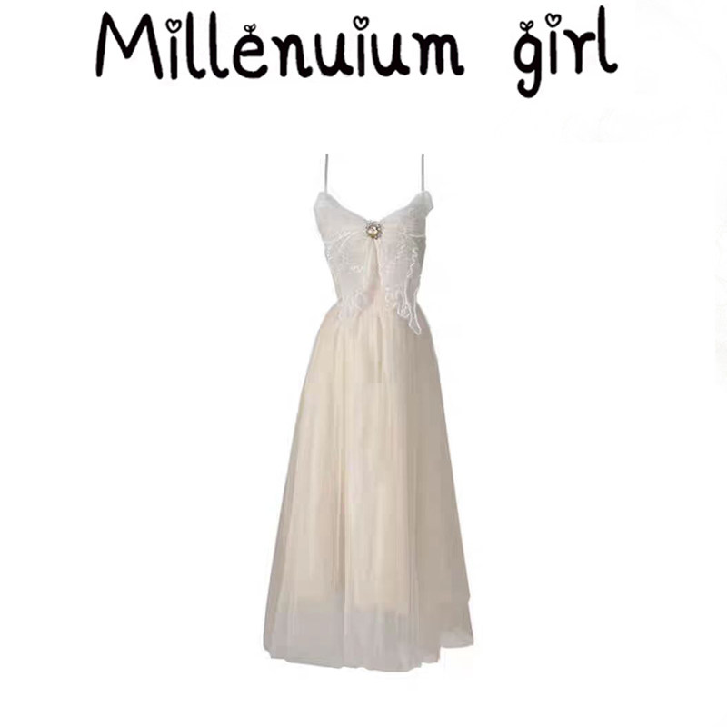 【夕岚蝶梦】法式吊带长裙夏纯欲蝴蝶结网纱度假连衣裙甜美裙子