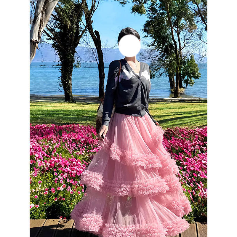 粉色网纱蛋糕半身裙女2026春夏