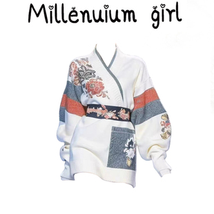 国风汉服元素连衣裙女秋冬新款中式复古印花小个子短款毛衣针织裙