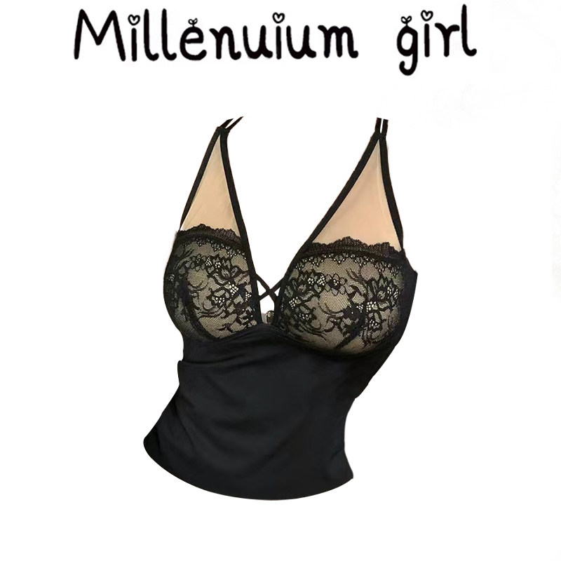 蕾丝花边拼接吊带背心女秋冬季黑色性感辣妹纯欲无袖内搭打底上衣