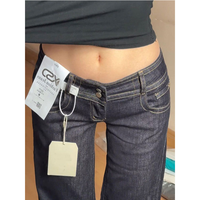 美式复古做旧深蓝辣妹2026秋季微喇牛仔裤女低腰修身休闲直筒长裤