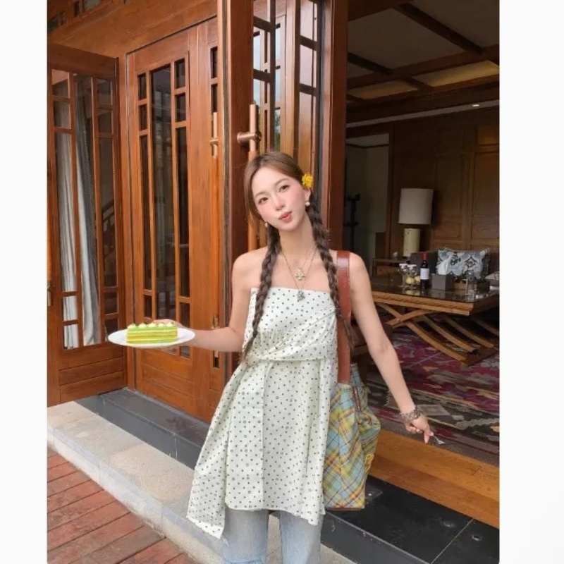 复古波点抹胸上衣可两穿女夏季新款设计感显瘦修身百搭小众半身裙