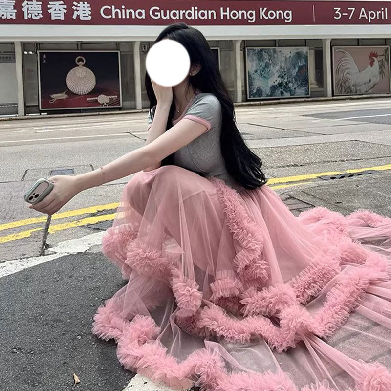 2026韩版粉色网纱女不规则潮流