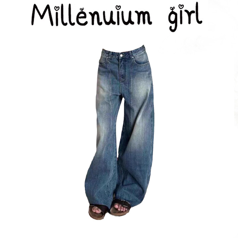 美式复古蓝色高腰阔腿牛仔裤女春秋新款垂感显瘦直筒拖地裤潮ins