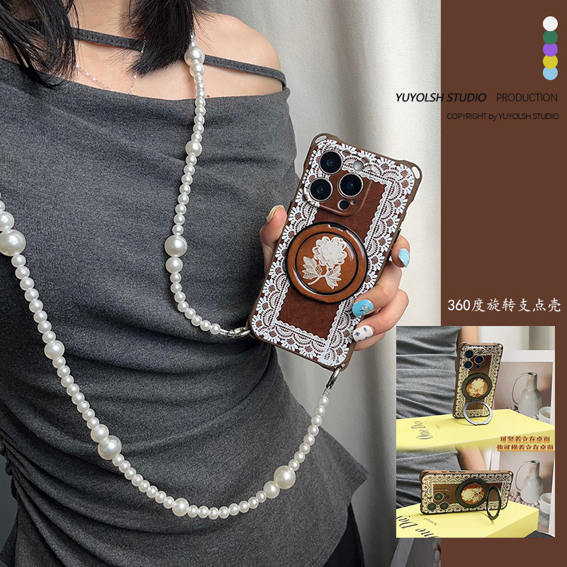 360度旋转！复古蕾丝花支点壳适用于苹果16Pro手机壳斜挎可背华为pura80Pro珍珠链条小米15挂绳斜跨vivox200s