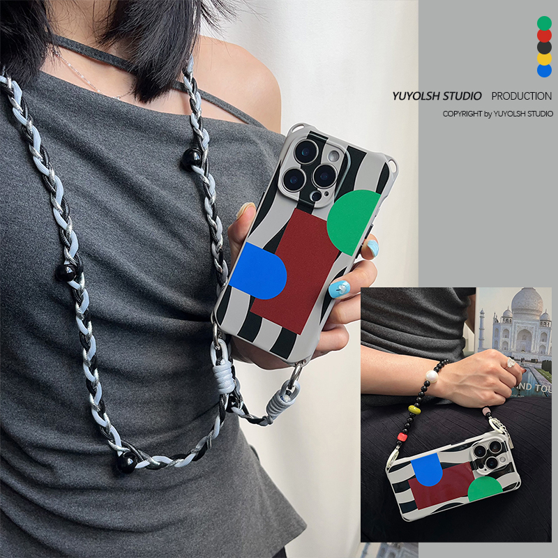 小众撞色条纹手机壳斜挎手提挂绳