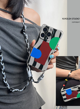 极简撞色原创复古手工编织挂绳斜挎适用于苹果16pro手机壳条纹小米15ultra链条华为pura80背带斜跨magic7挂链