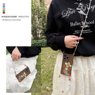 花有约,春不误~原创小众油画彩色花束斜挎可背适用苹果16Pro手机壳琥珀花朵链条小米15ultra华为mate70可手提