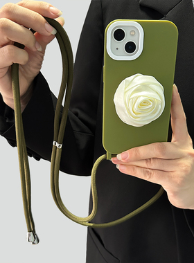 极简复古橄榄绿立体花朵玫瑰防丢挂绳可调节斜挎背带14promax软硅胶13手机壳全包防摔软