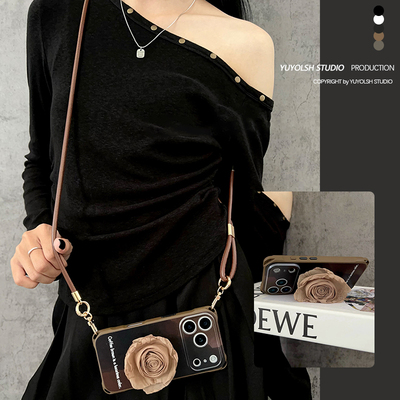 咖啡晕染玫瑰支架手机壳斜挎挂绳