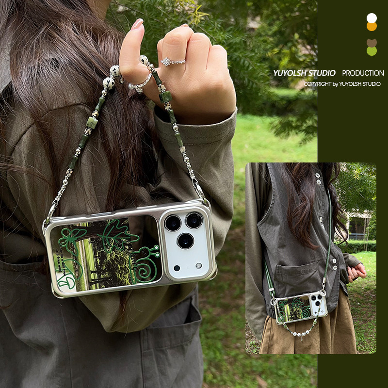 【林涧轻语】高级镜面森林手提原石链条适用于苹果17Pro手机壳华为mate70Pro皮质调节挂绳背带斜跨pura80斜挎