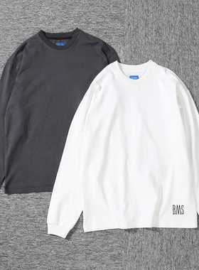 春秋季重磅水洗长袖t恤男复古宽松圆领打底衫上衣潮