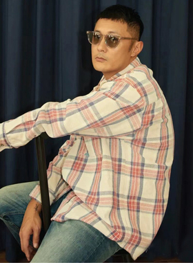 MADNESS HOUSE 25SS日系复古牛仔拼接格子水洗做旧长袖衬衫男外套