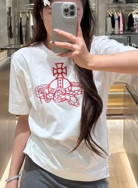 夏季短袖女宽松百搭纯棉印花圆领土星西太后t恤蛇年限定显瘦上衣