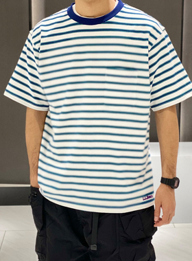 夏季beams effect 日系休闲宽松L.L.Bean短袖T恤刺绣小标条纹上衣