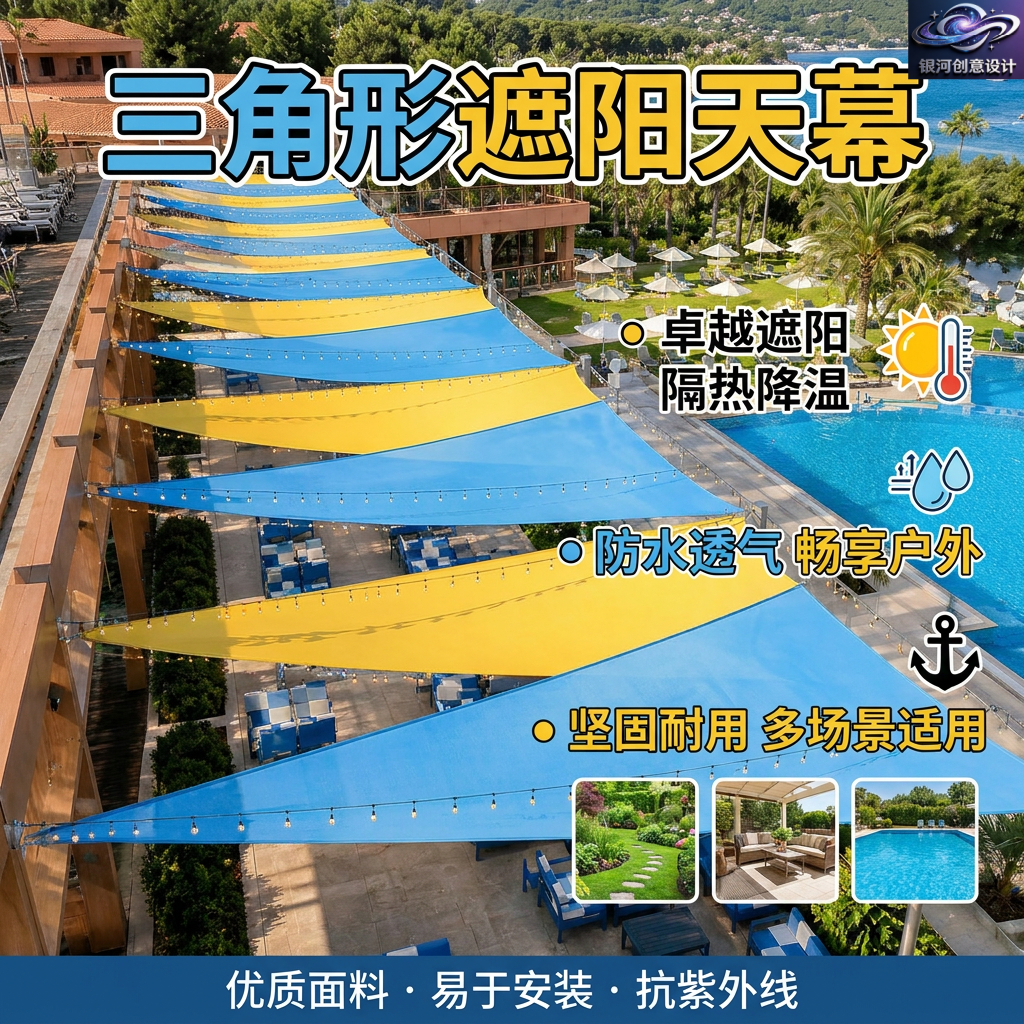 户外景区三角天幕遮阳彩色美陈装饰网红打卡夏季防晒隔热加厚篷布