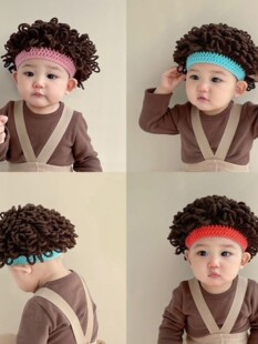 新疆包邮婴儿搞笑帽子宝宝可爱假发帽子个性头发套男女童卷发帽