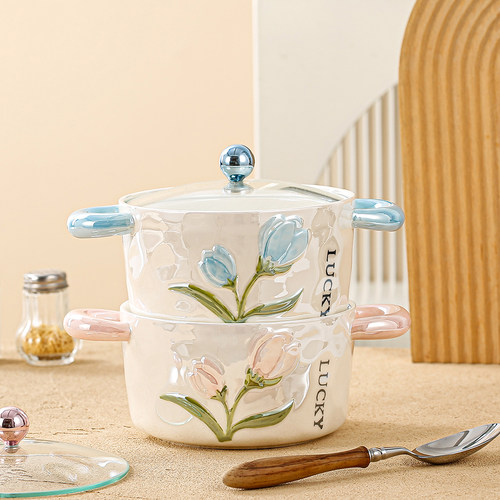 高颜值花朵图案陶瓷方便面碗双耳手柄餐具汤碗珠光釉泡面碗带盖子