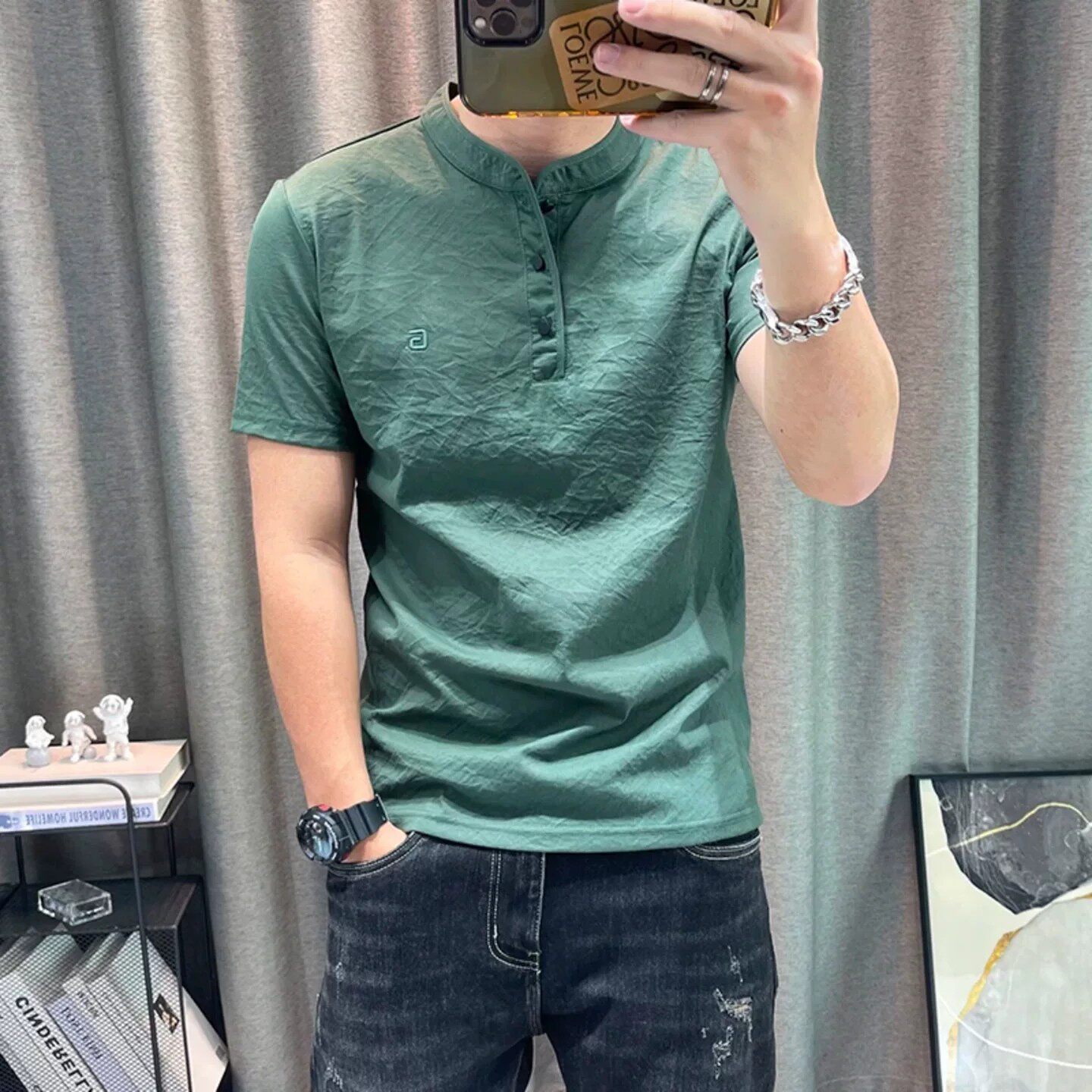 天骏优选百货男装夏季新款高档商务男士短袖中年立领休闲棉麻T恤