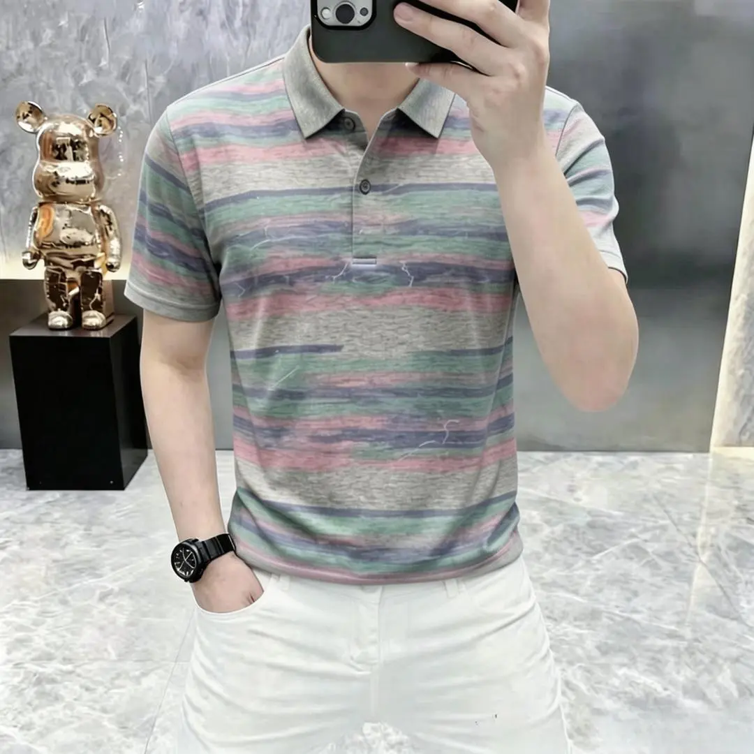北益税贸店夏季条纹短袖T恤男士轻奢时尚潮流休闲百搭透气POLO衫