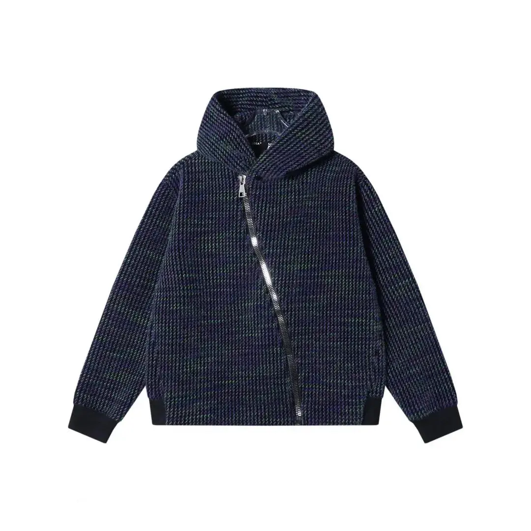 麦巴鹤2026秋冬新款痞帅男装休闲彩色竖纹斜拉链连帽卫衣外套百搭