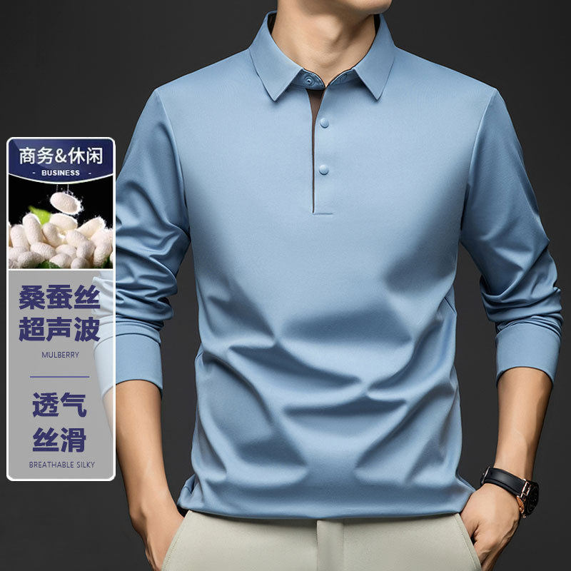 维乾男装桑蚕丝冰丝弹力薄款长袖Polo衫男秋季抗皱免烫打底衫T恤