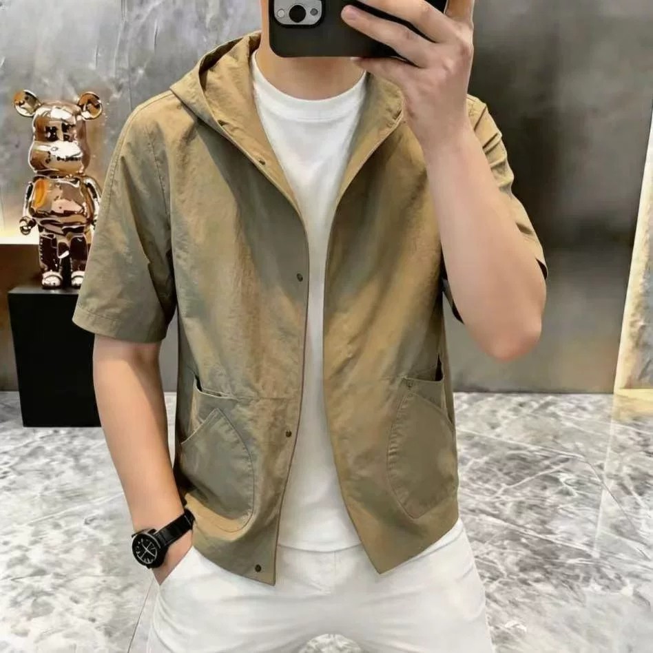 玟若男装宏嫩高档夏季男士口袋设计连帽短袖衬衫休闲百搭痞帅外套