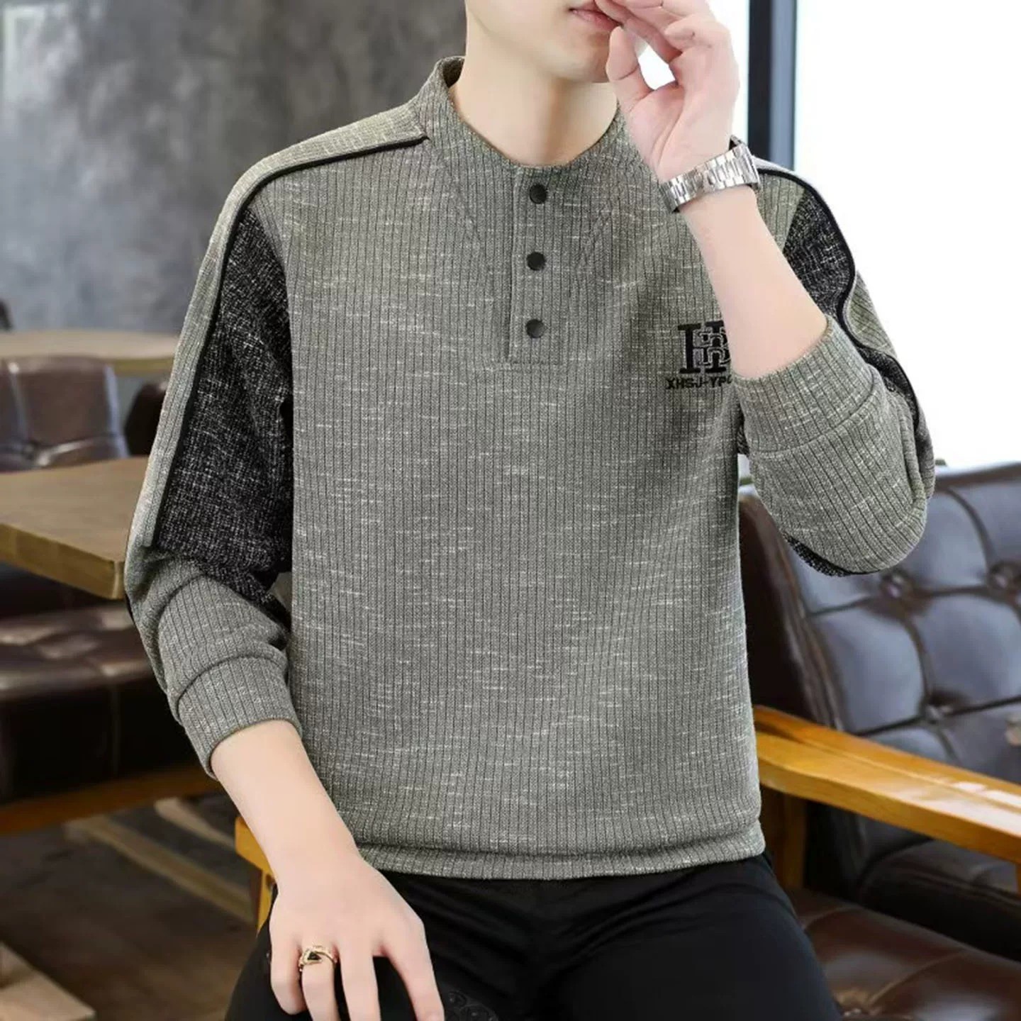 点击率服饰男装秋季高档轻奢休闲长袖卫衣男士立领时尚打底衫T恤