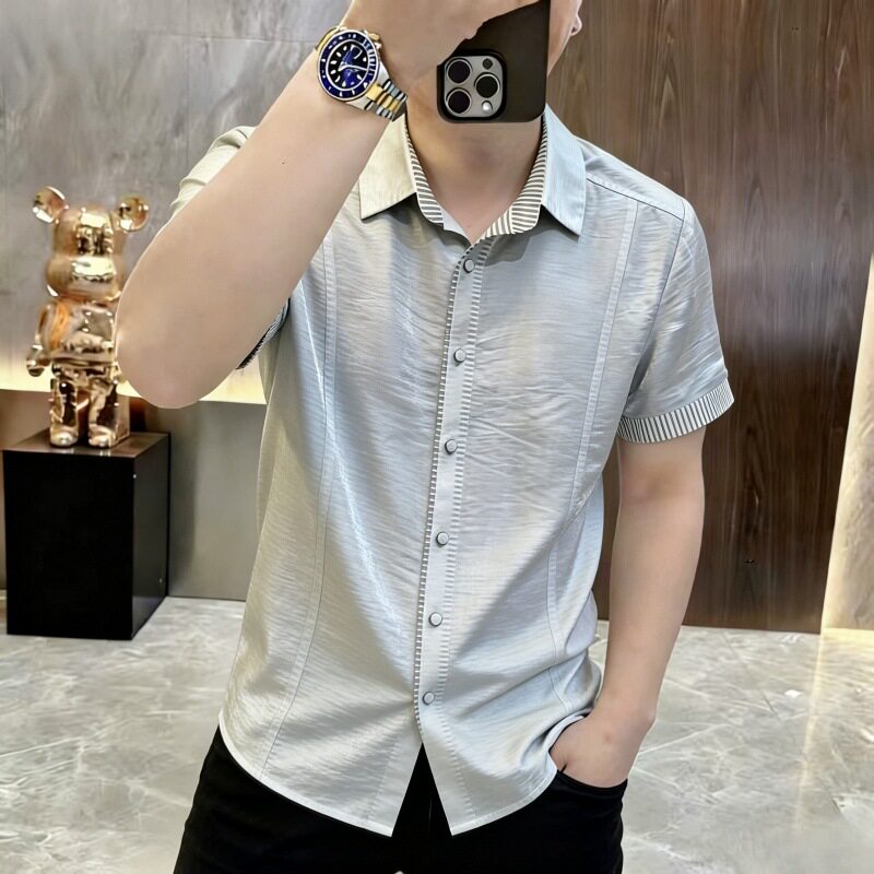 点击率男装2026白色翻领短袖衬衫男夏季商务休闲条纹拼接宽松透气