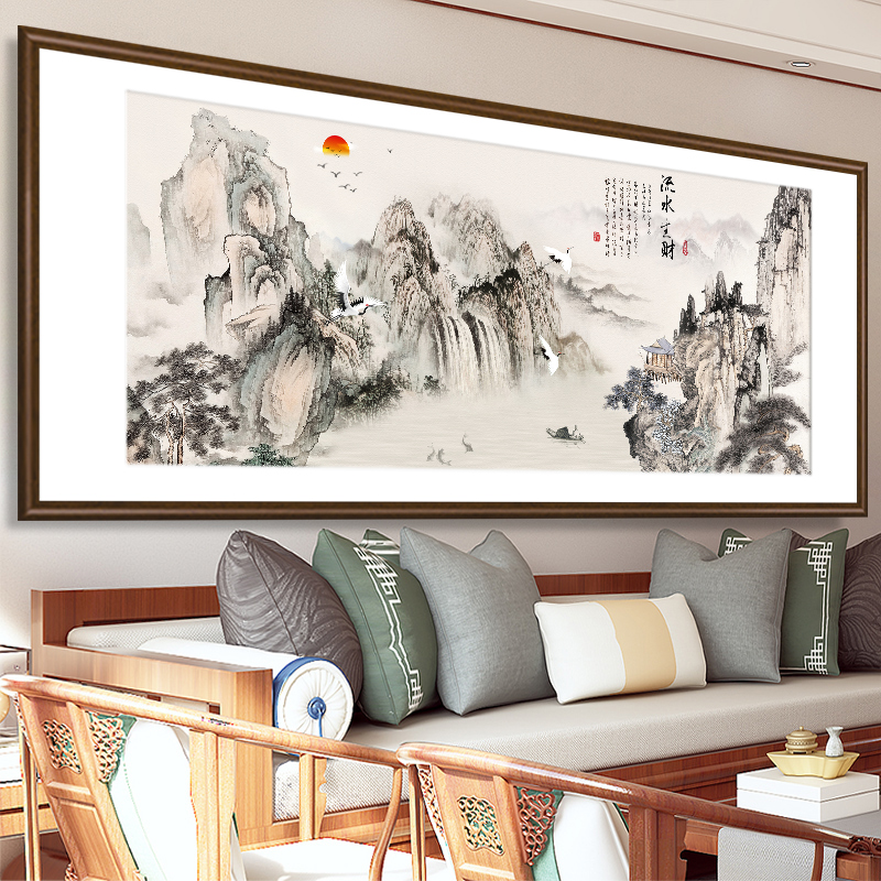 流水生财山水画客厅茶室茶台装饰画老板办公室沙发中式挂画靠山图-封面