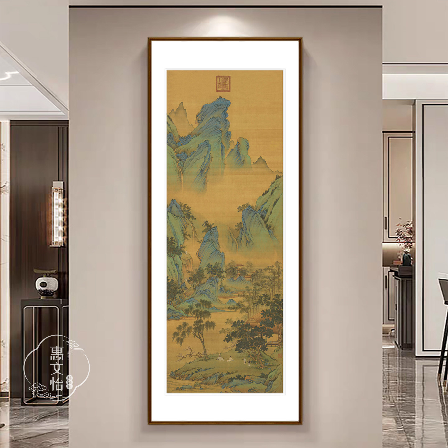 仇英春山吟赏图客厅入户玄关山水挂画高档餐厅茶室走廊过道装饰画